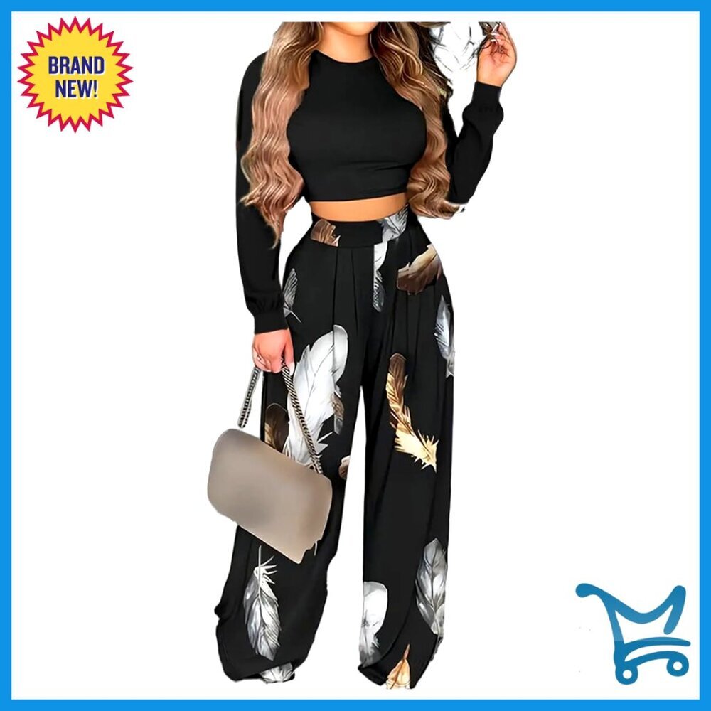 Long Sleeve Crop Top High Waist Wide Leg Pant Set Tracksuit Sporty Chic